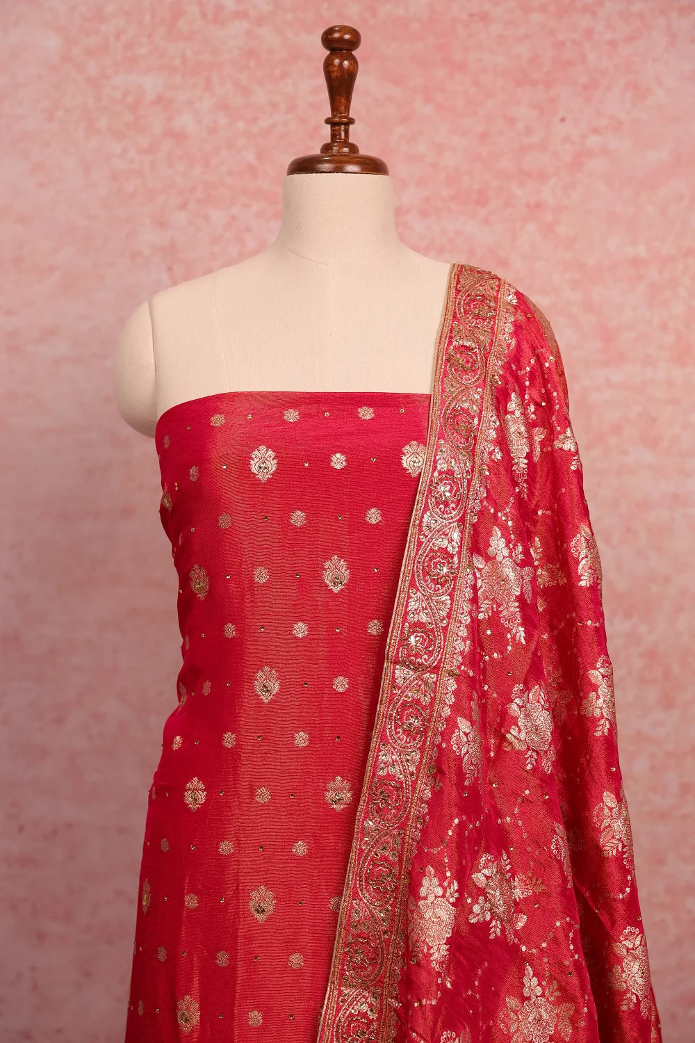 Rani Pink Banarasi Butta Unstitched Churidhar Material