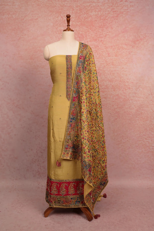 Lemon Yellow Banarasi Beads Butta Unstitched Churidhar Material