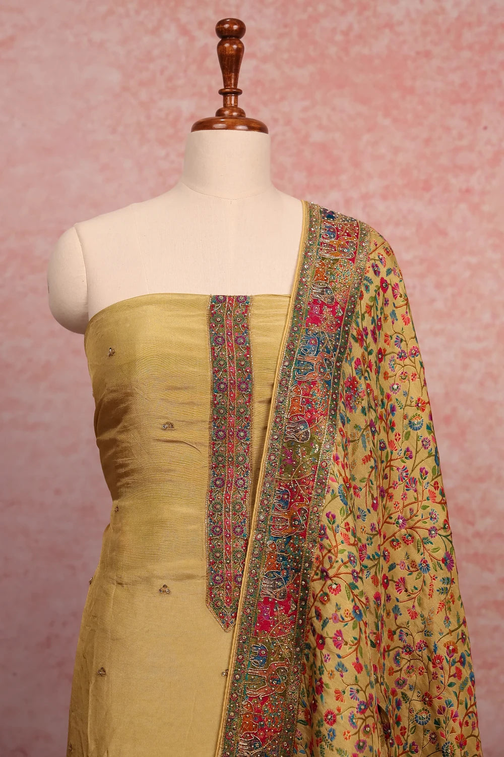 Lemon Yellow Banarasi Beads Butta Unstitched Churidhar Material