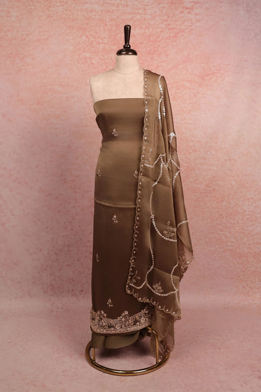 Grey Organza Beads Work Unstitched Churidhar Material