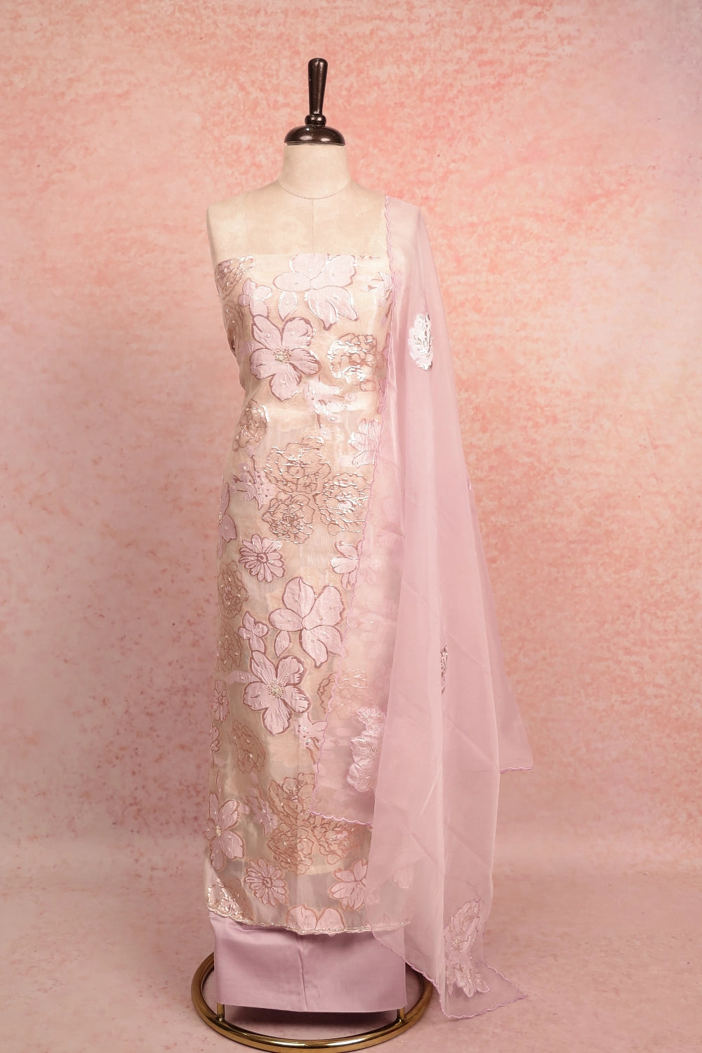 Cream Organza Turkish Embroidery Unstitched Churidhar Material