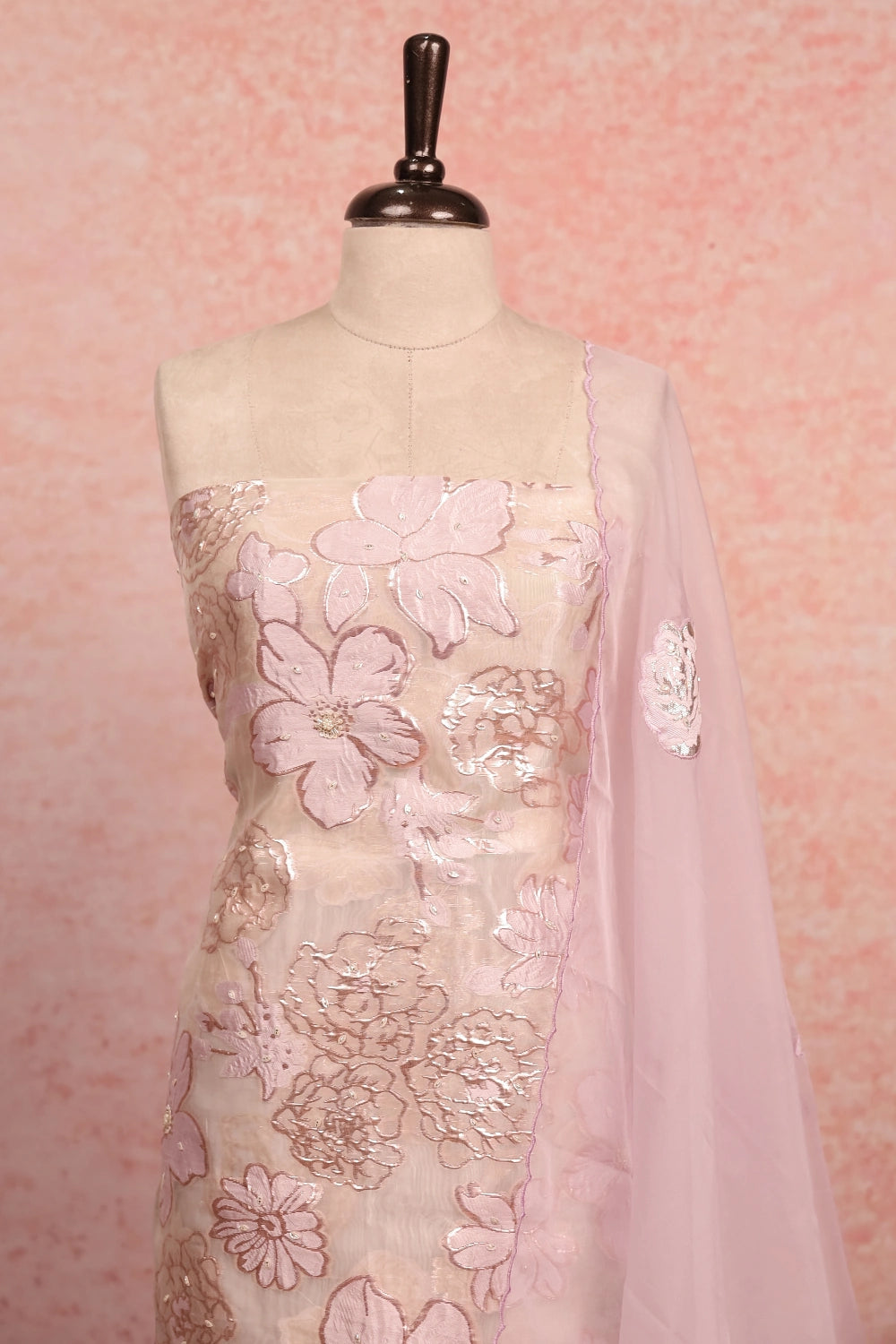Cream Organza Turkish Embroidery Unstitched Churidhar Material