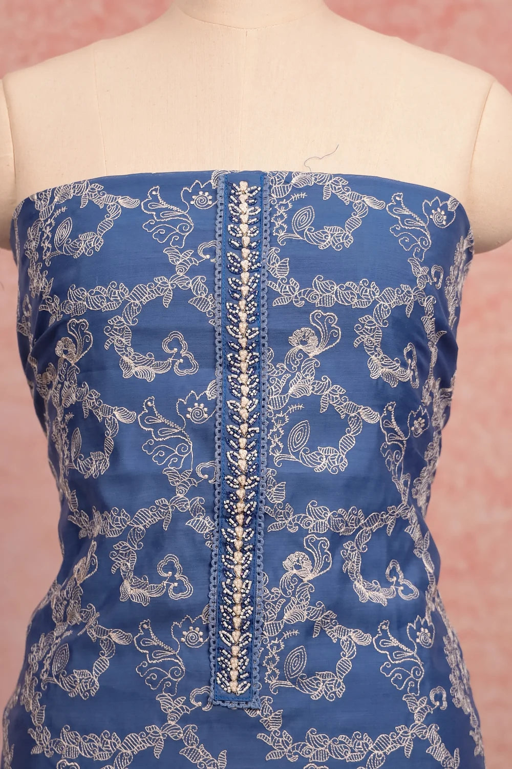 Blue Chanderi Thread Butta Unstitched Churidhar Material