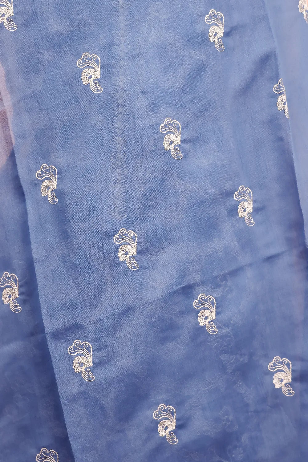 Blue Chanderi Thread Butta Unstitched Churidhar Material