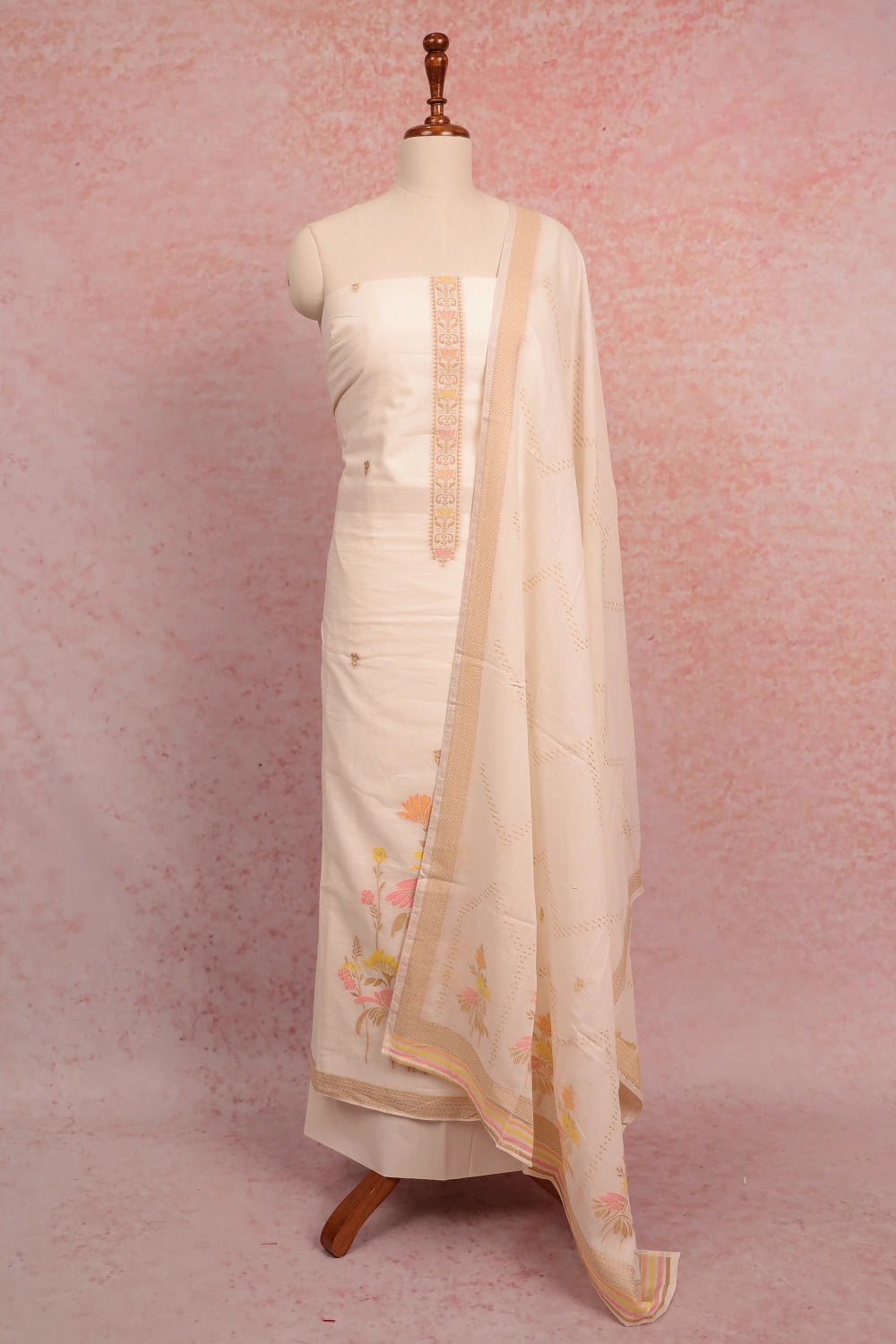 Cream Cotton Butta Unstitched Churidhar Material