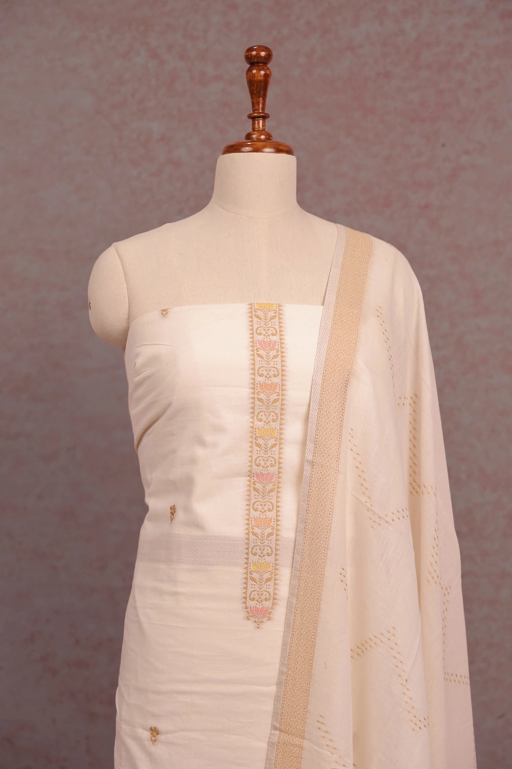 Cream Cotton Butta Unstitched Churidhar Material
