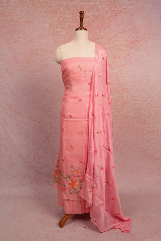 Pink Kota Embroidery Unstitched Churidhar Material