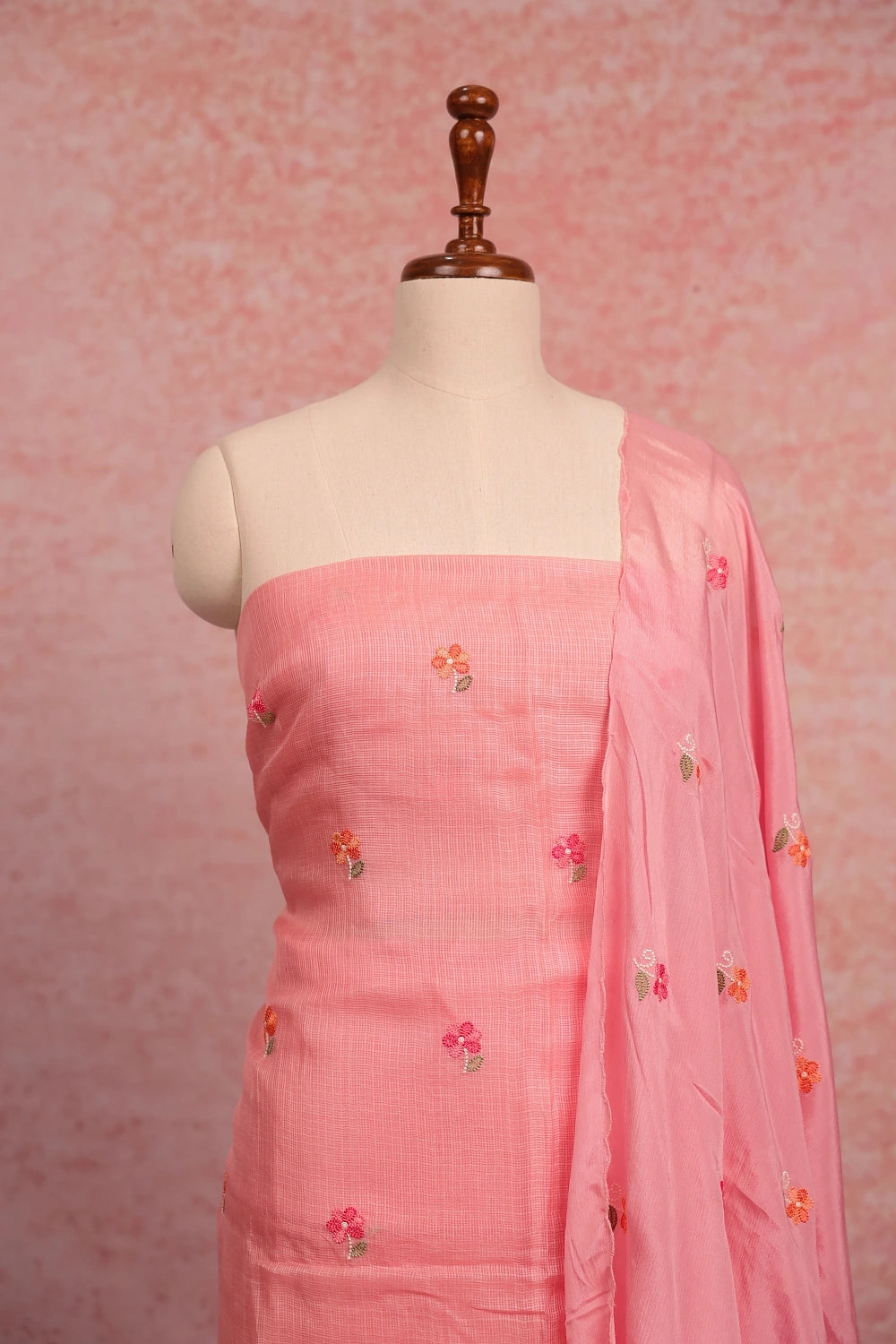 Pink Kota Embroidery Unstitched Churidhar Material