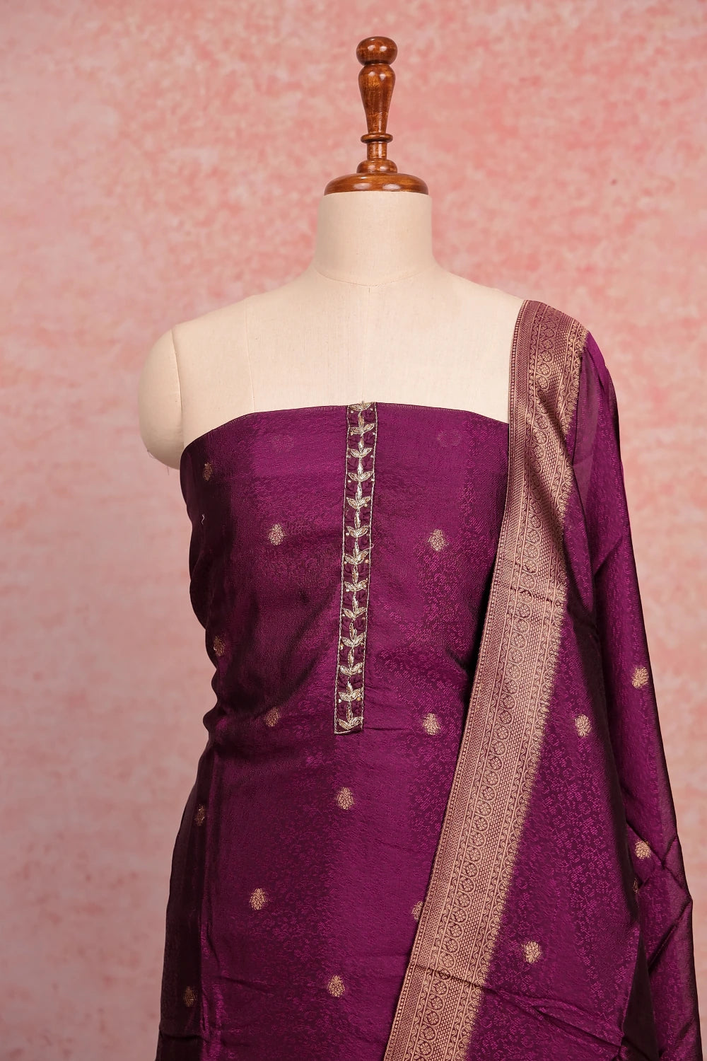 Purple Semi Banarasi Butta Unstitched Churidhar Material