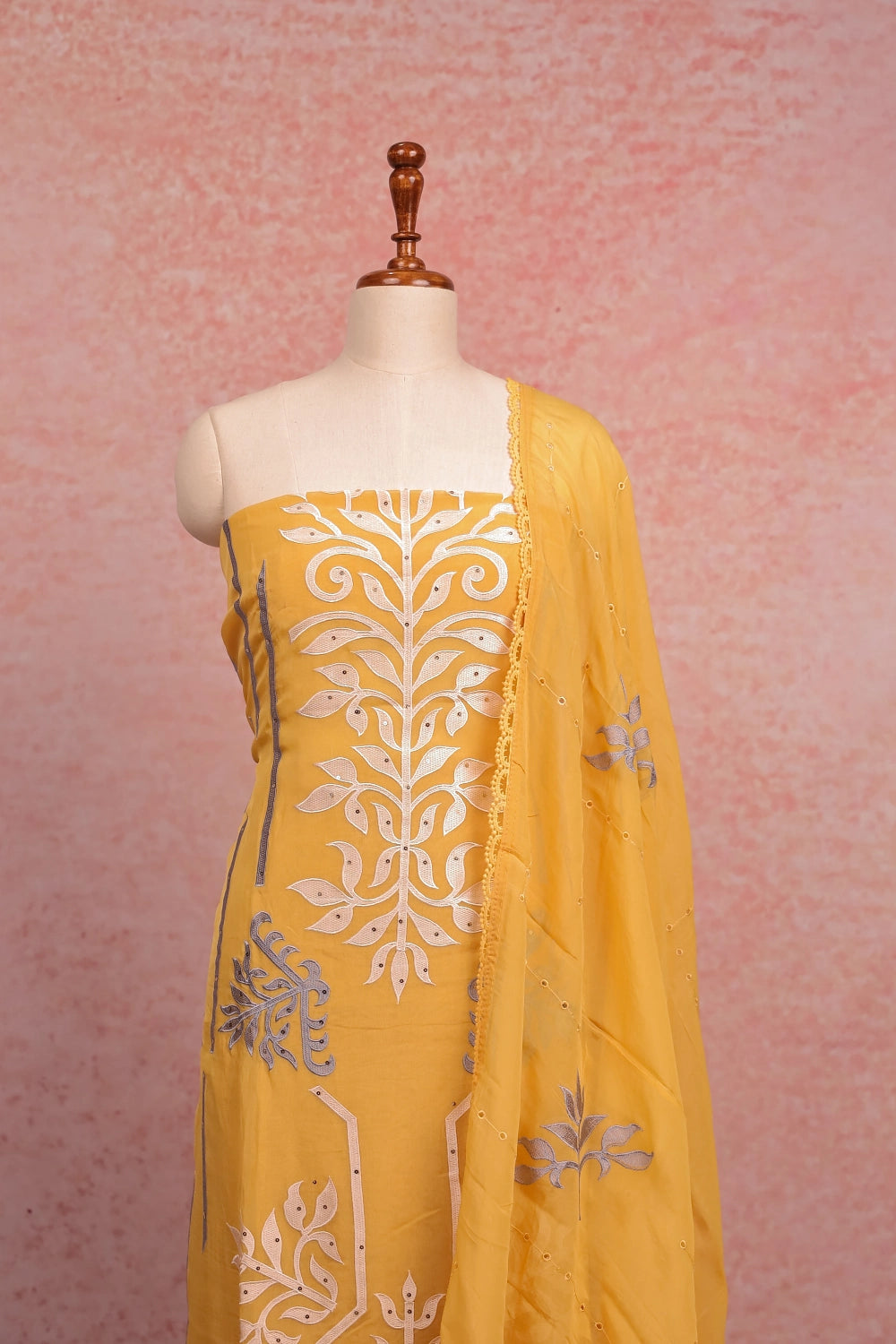 Yellow Organza Embroidery Unstitched Churidhar Material
