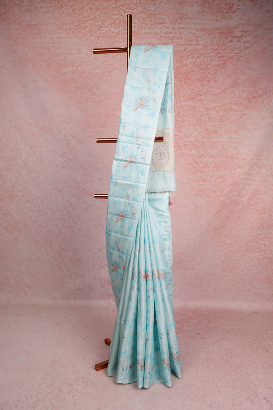 Light Sky Blue Semi Tussar Saree