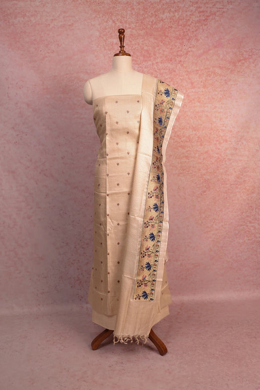 Cream Silk Check With Butta Unstitched Churidhar Material