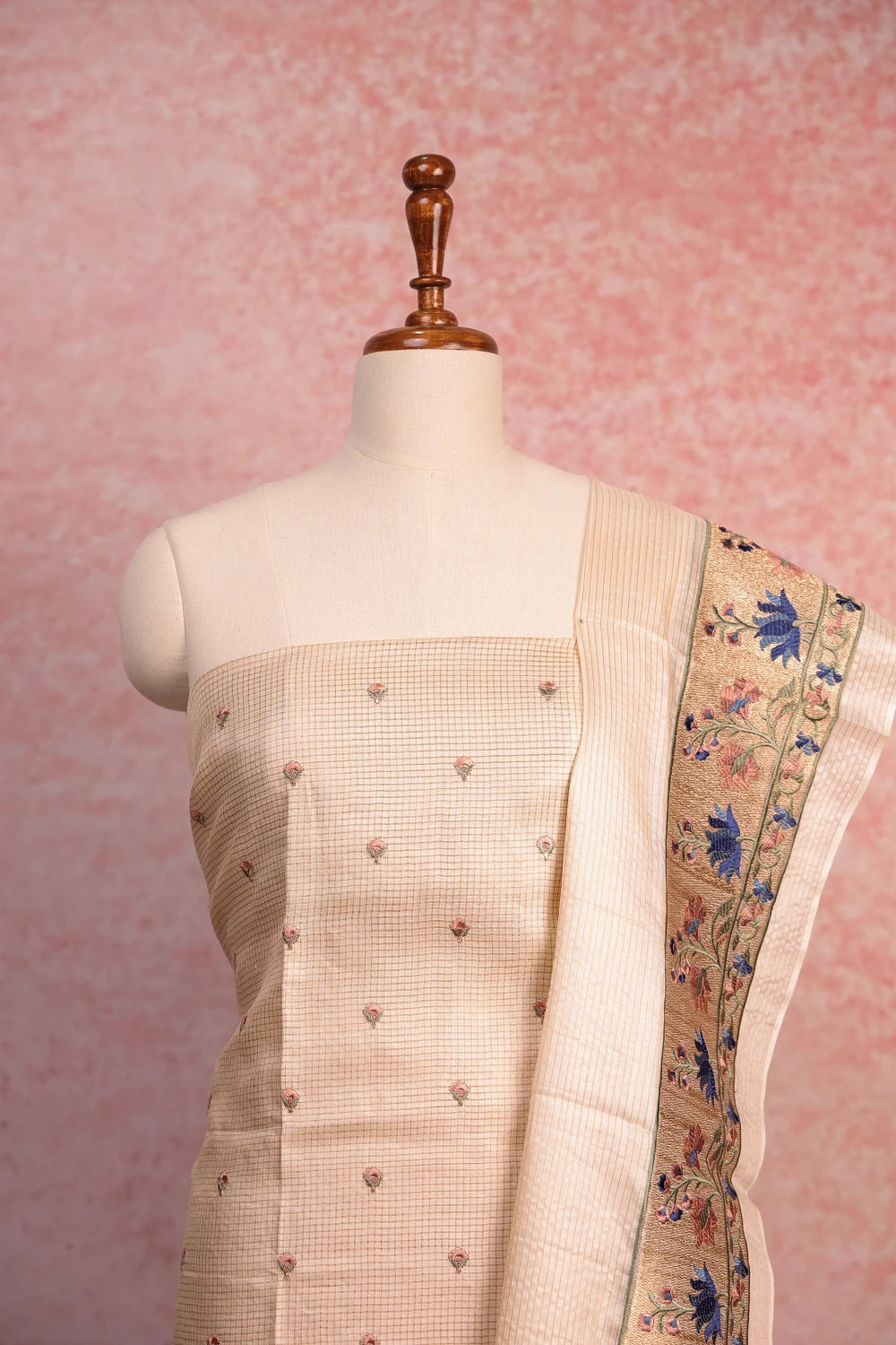 Cream Silk Check With Butta Unstitched Churidhar Material
