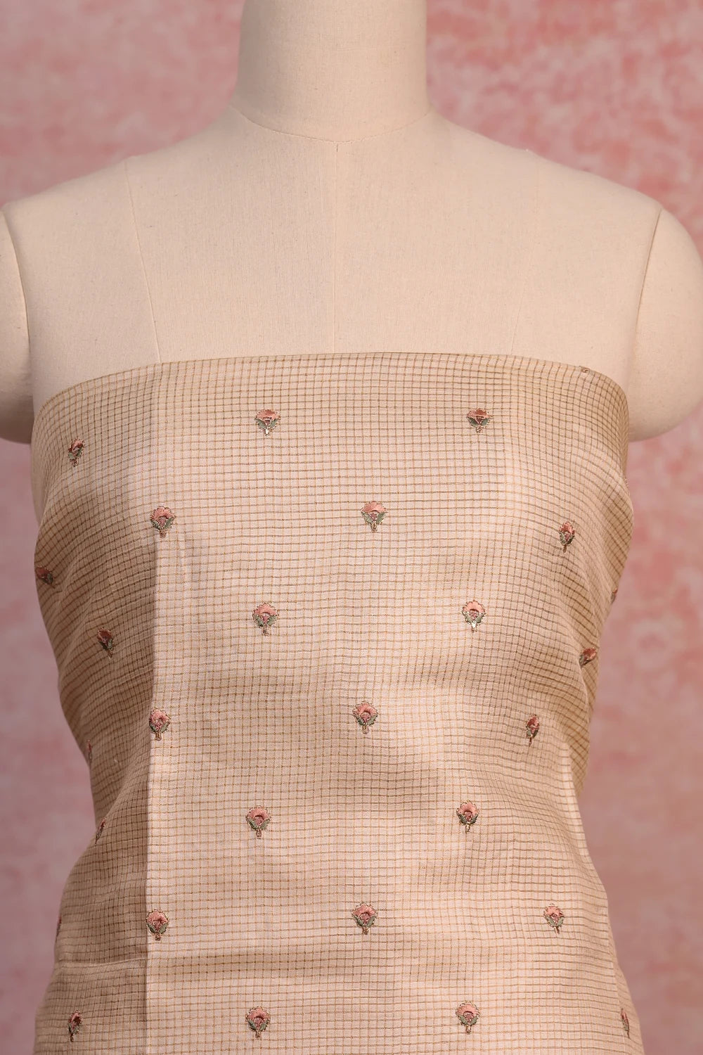Cream Silk Check With Butta Unstitched Churidhar Material