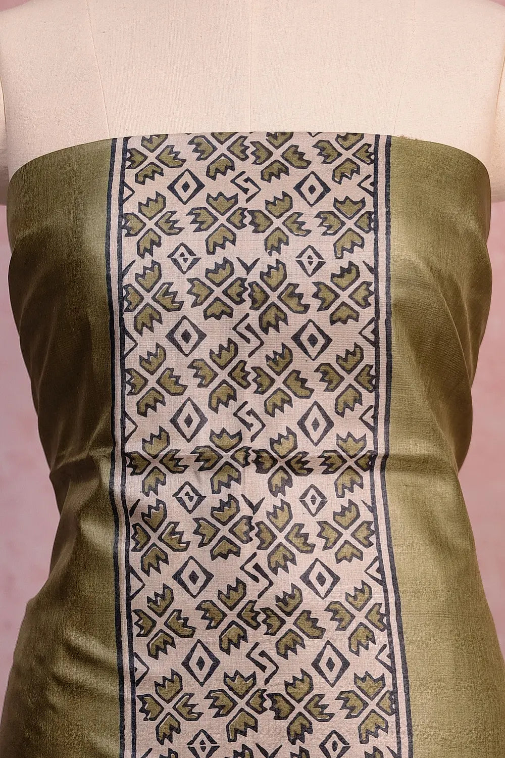 Green Tussar Plain Body Unstitched Churidhar Material