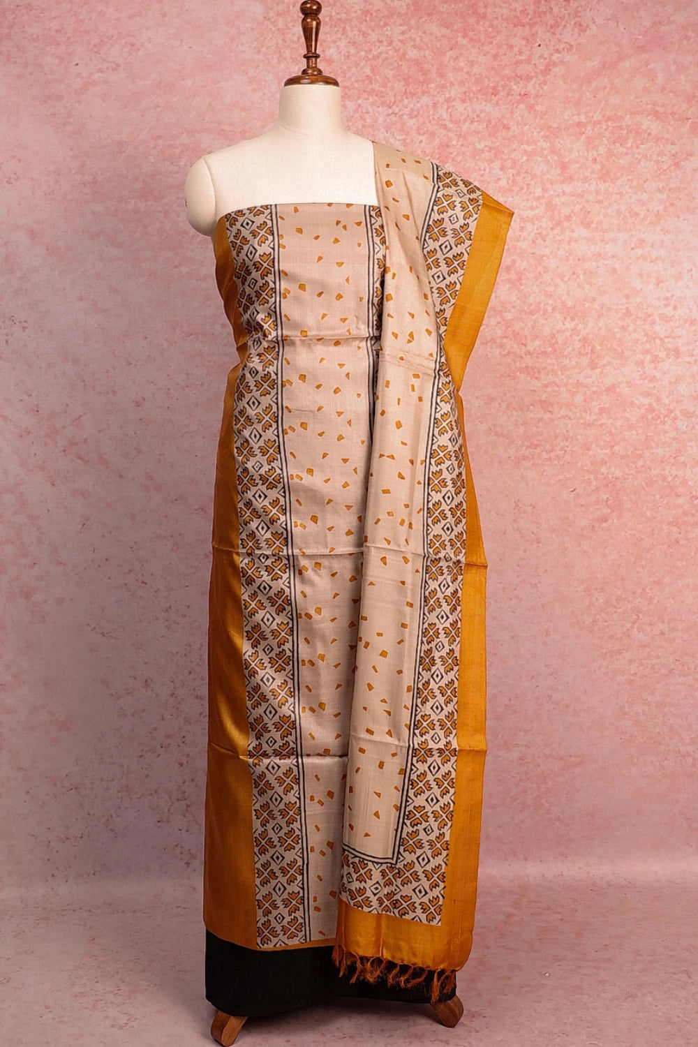 Mustard Tussar Printed Unstitched Churidhar Material