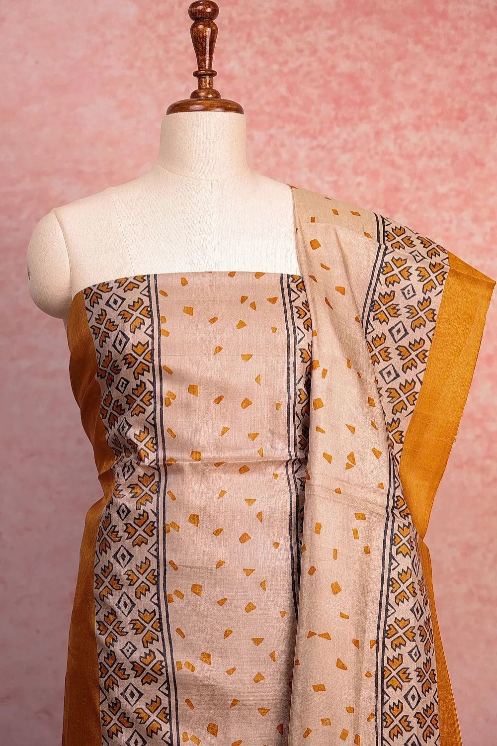 Mustard Tussar Printed Unstitched Churidhar Material