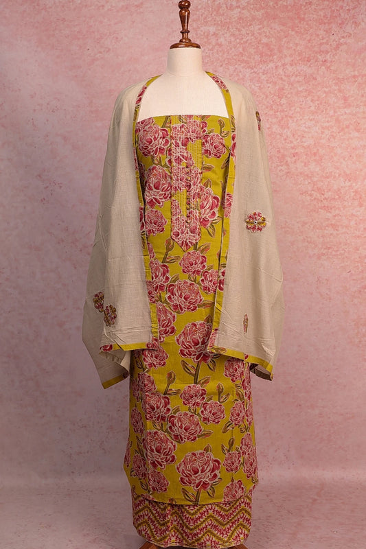 Yellow Cotton Printed Unstitched Churidhar Material