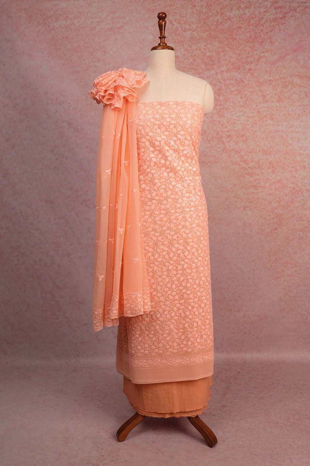 Peach Chiffon Embroidery Unstitched Churidhar Material