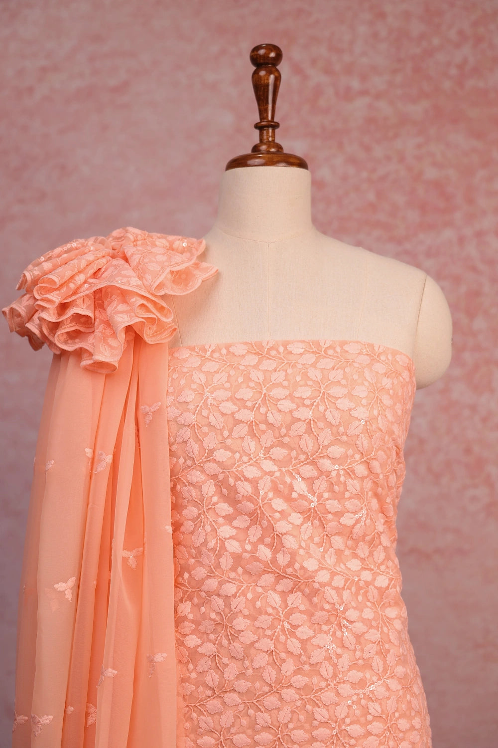 Peach Chiffon Embroidery Unstitched Churidhar Material