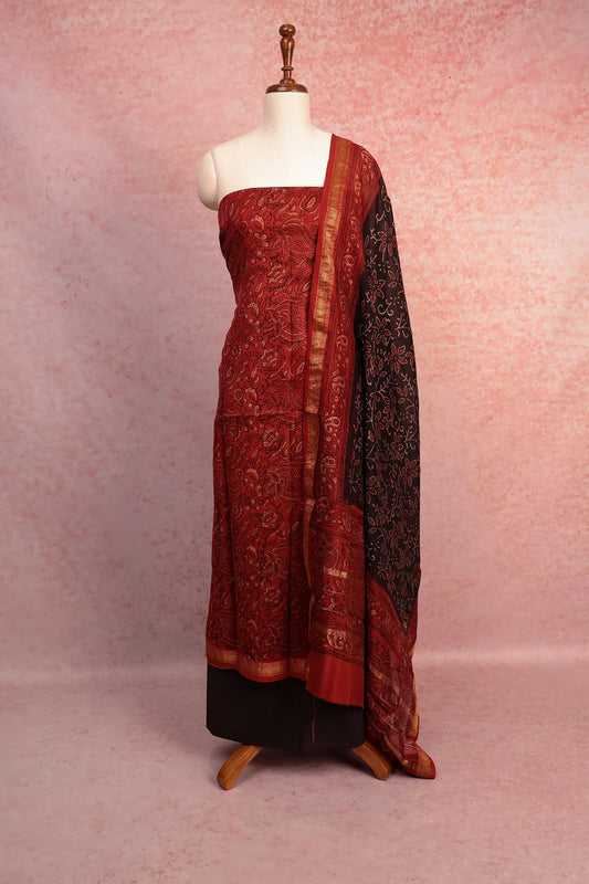 Maroon Maheshwari Silk Printed Unstitched Churidhar Material
