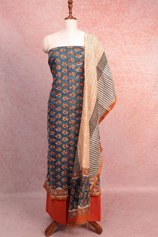 Peacock Blue Maheswari Silk Printed Unstitched Churidhar Material