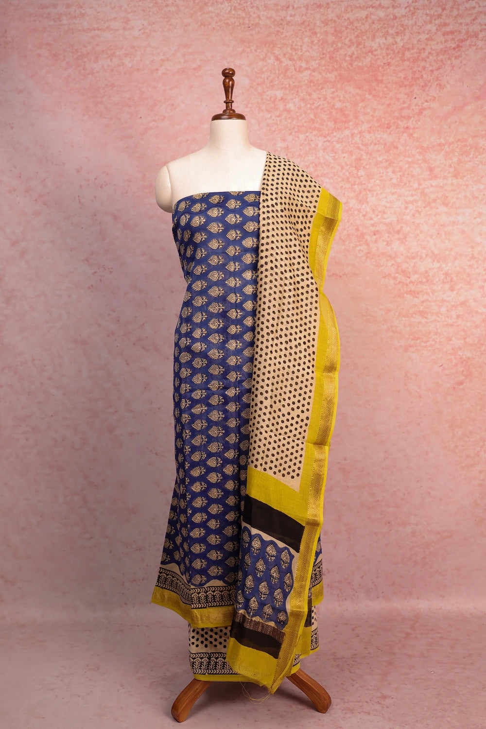 Blue Maheshwari Silk Printed Unstitched Churidhar Material