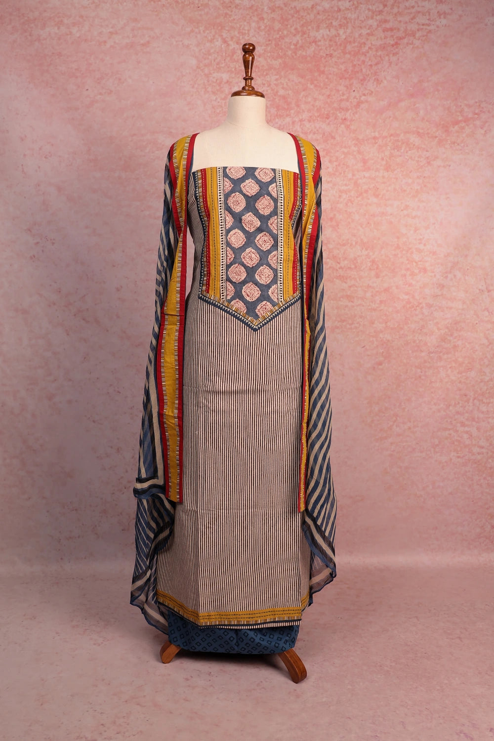 Cream Cotton Lines Unstitched Churidhar Material