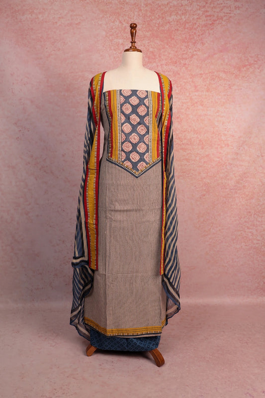 Cream Cotton Lines Unstitched Churidhar Material