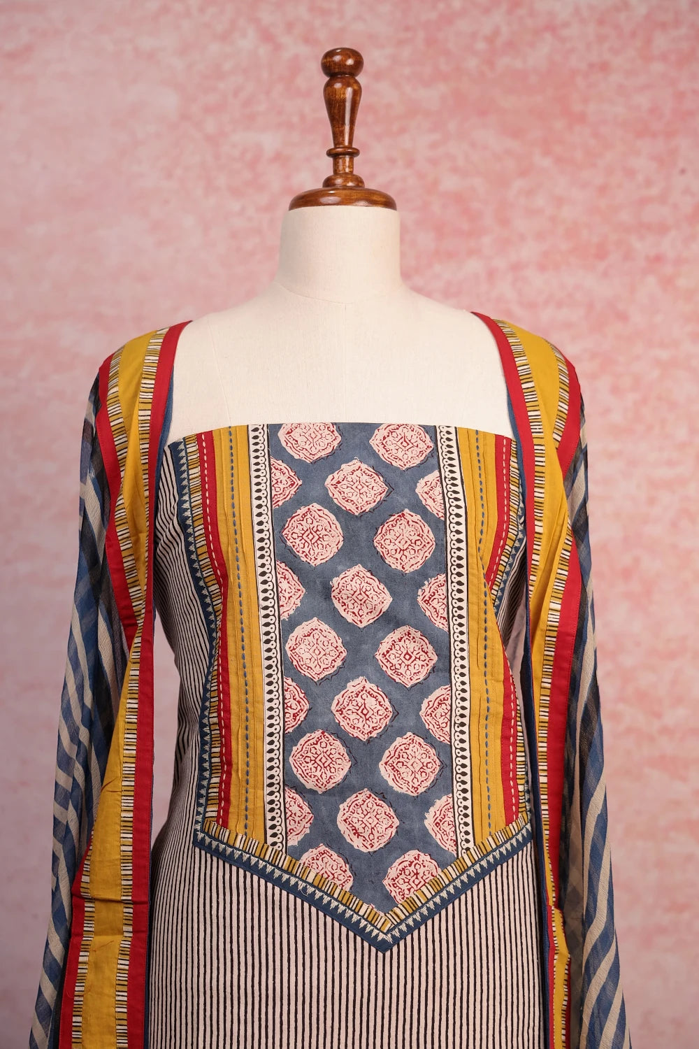 Cream Cotton Lines Unstitched Churidhar Material