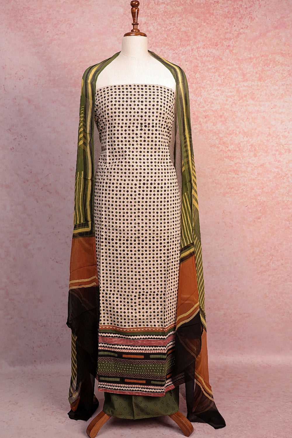 Off White Cotton Dots Unstitched Churidhar Material