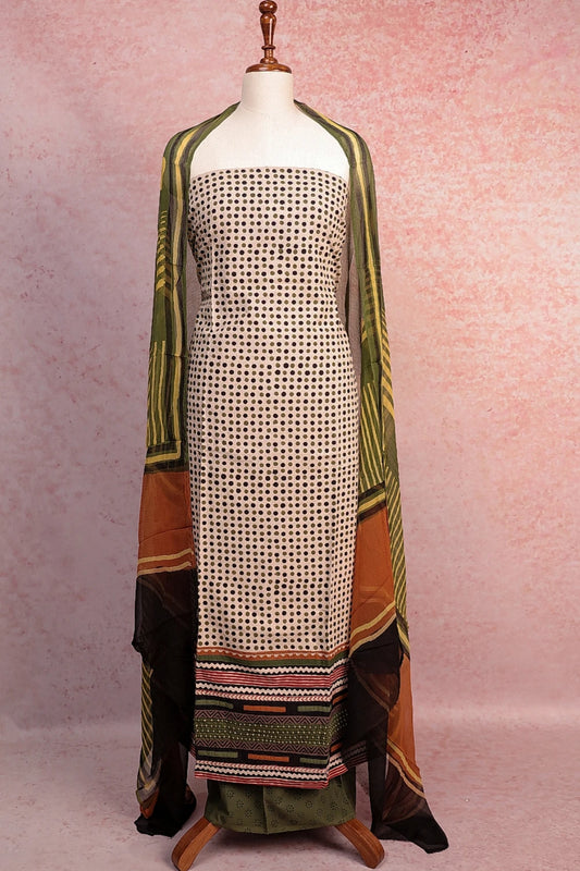 Off White Cotton Dots Unstitched Churidhar Material