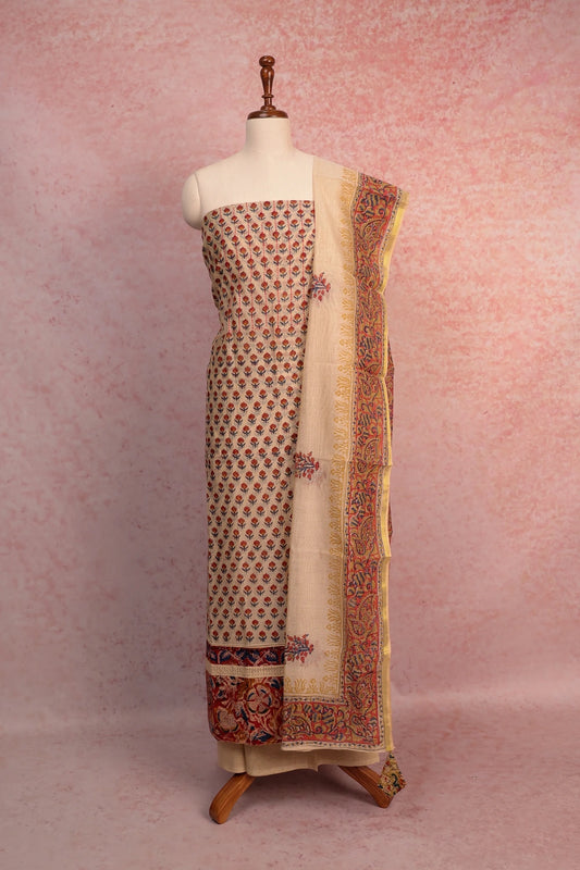 Cream Maheshwari Silk Butta Unstitched Churidhar Material