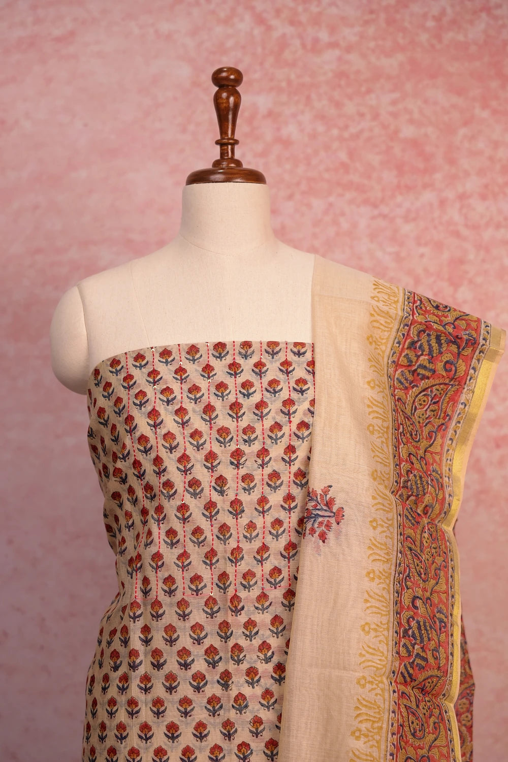 Cream Maheshwari Silk Butta Unstitched Churidhar Material