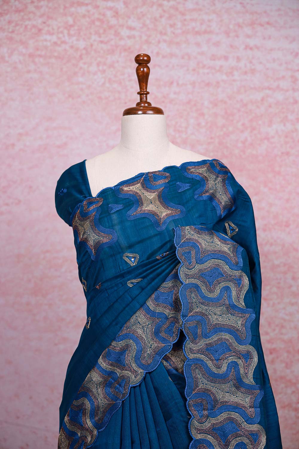 Peacock Blue Semi Tussar Saree - Seematti