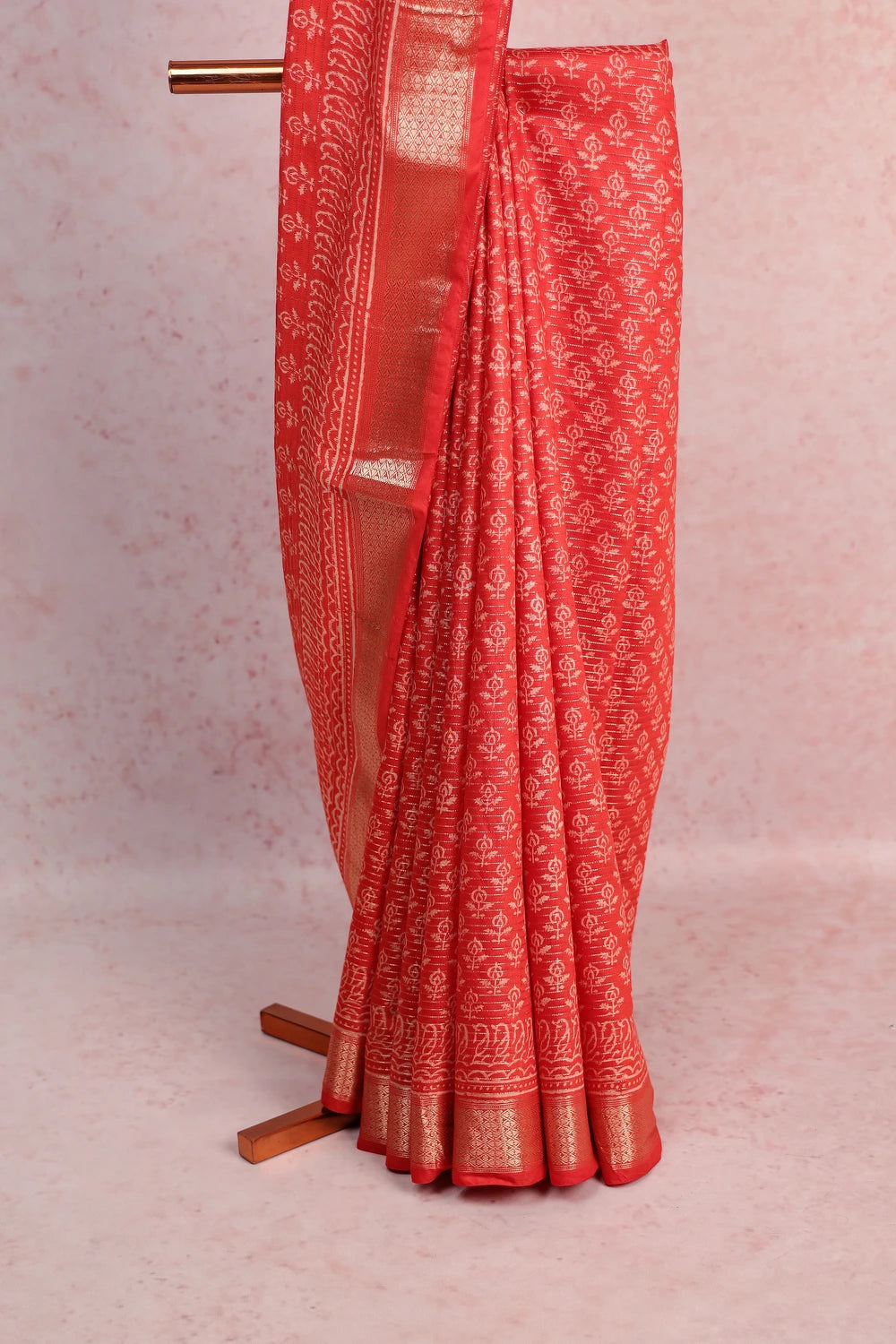 Coral Red Semi Tussar Saree