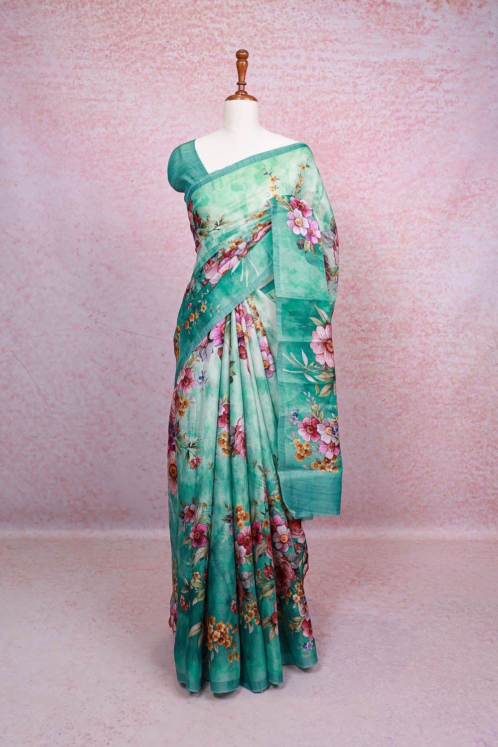 Peacock Blue Semi Tussar Saree - Seematti