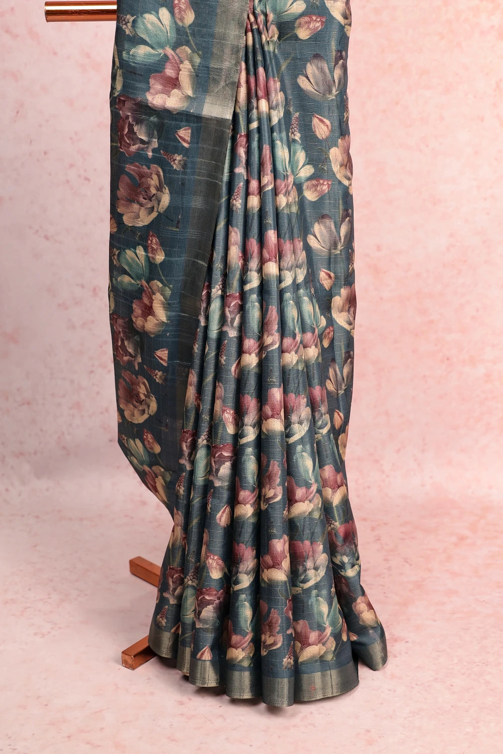 Peacock Blue Tissue Jute Saree