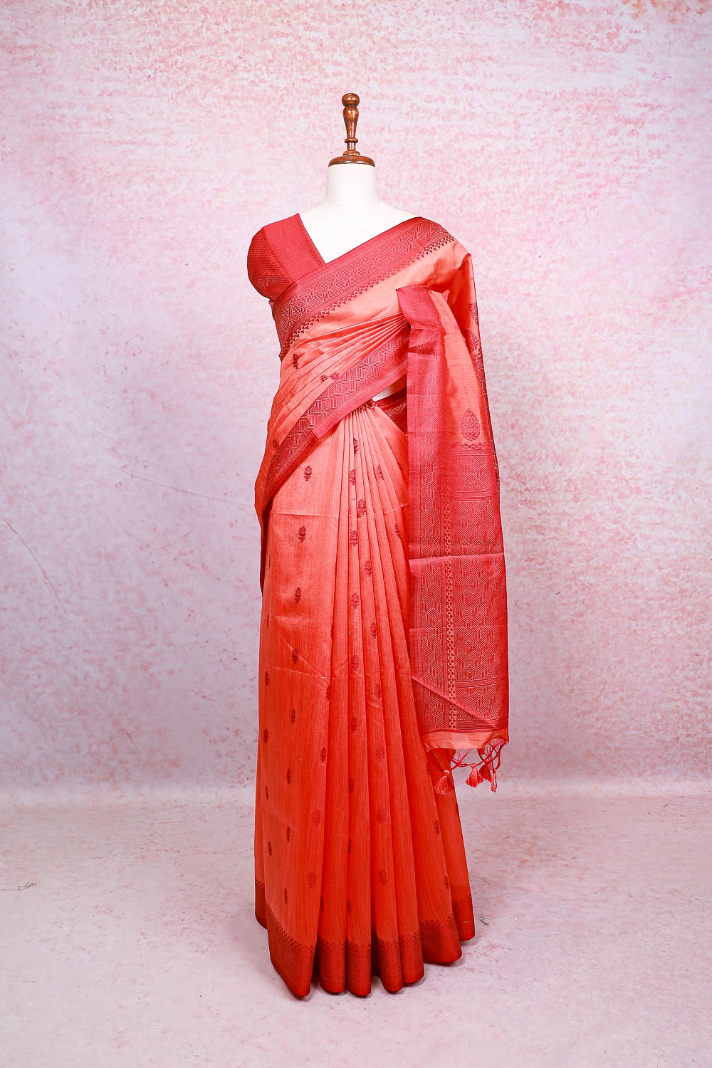 Pinkish Orange Semi Jute Saree
