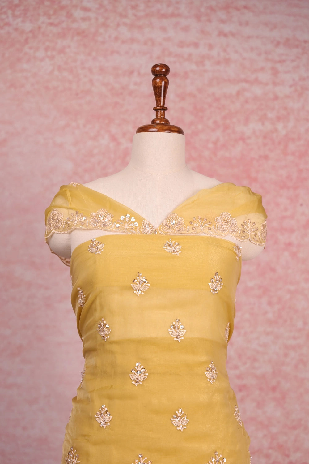 Yellow Organza Beads Work Unstitched Churidhar Material