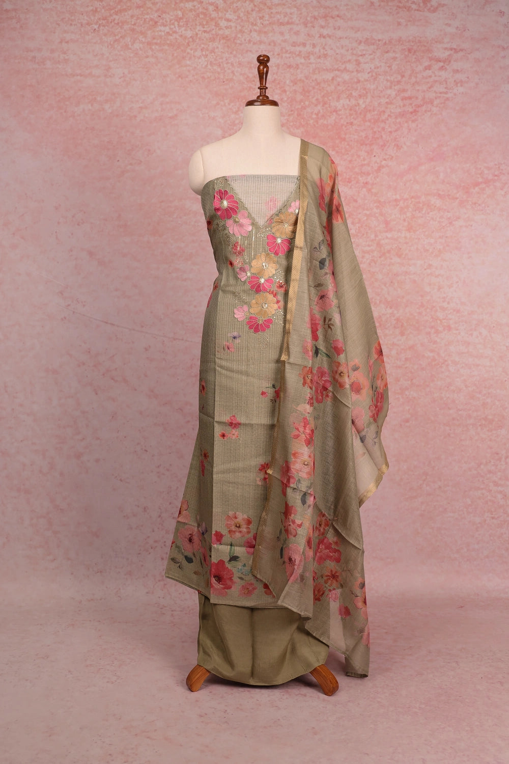 Moss Green Chanderi Embroidary Unstitched Churidhar Material