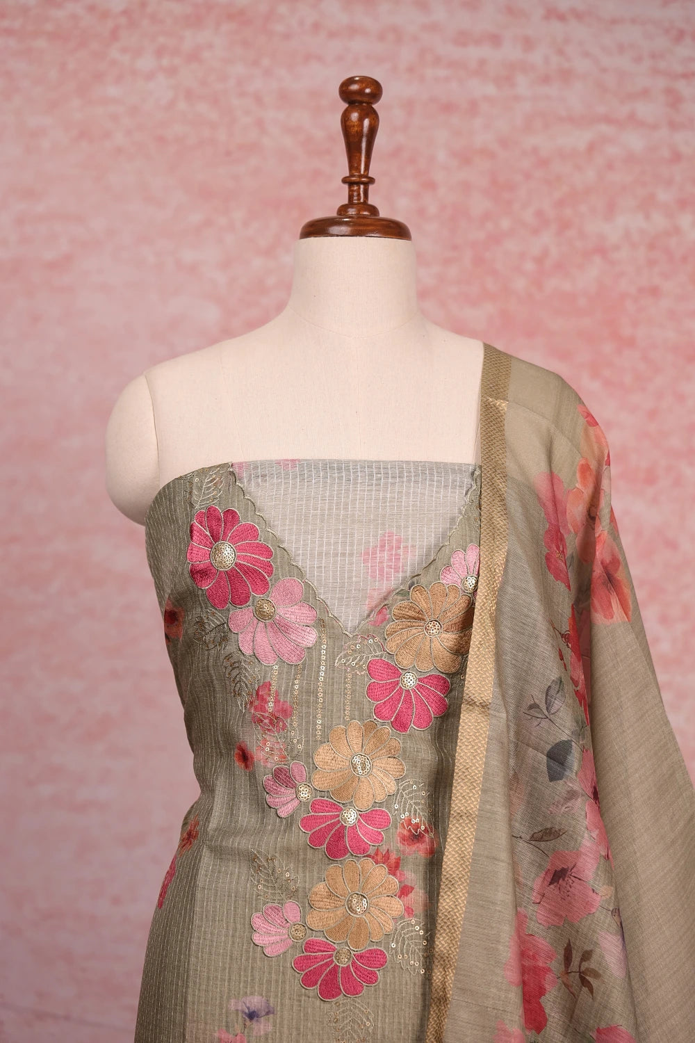 Moss Green Chanderi Embroidary Unstitched Churidhar Material