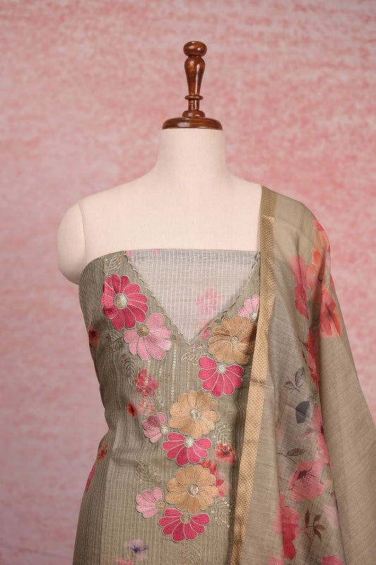 Moss Green Chanderi Embroidary Unstitched Churidhar Material