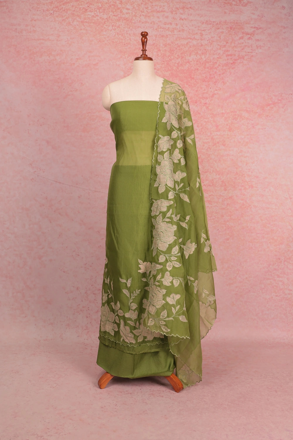Green Organza Applic Work Unstitched Churidhar Material
