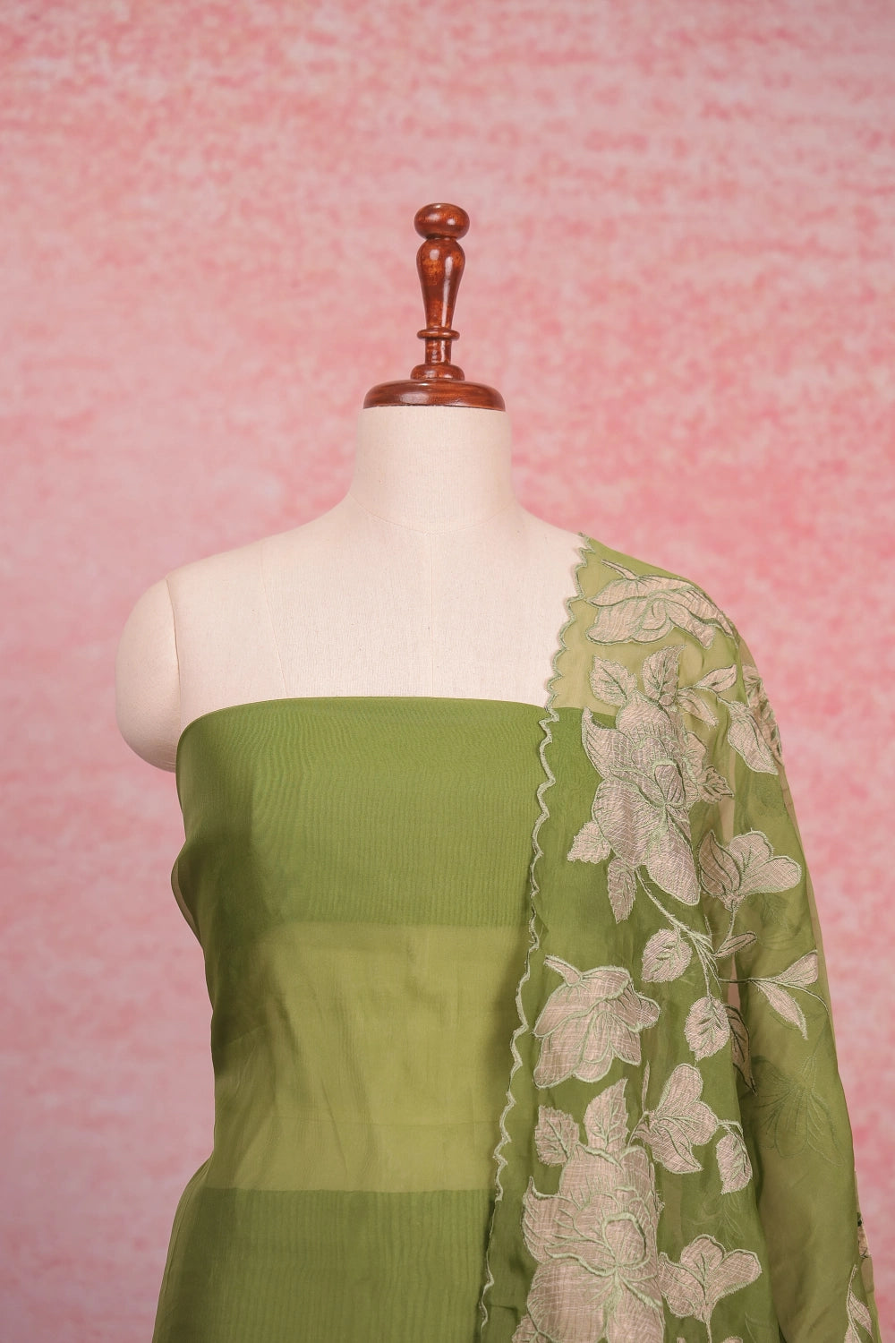 Green Organza Applic Work Unstitched Churidhar Material