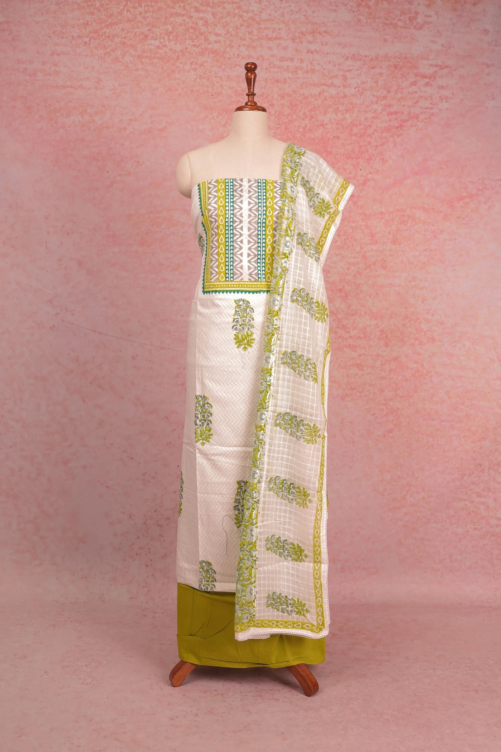 White Cotton Printed Unstitched Churidhar Material