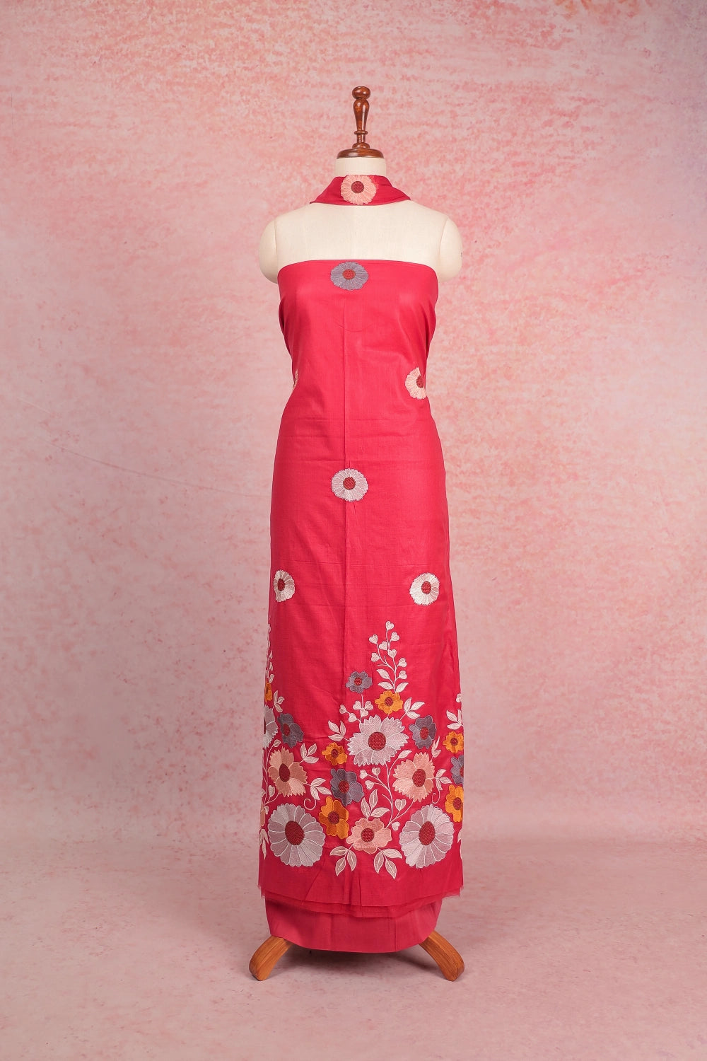 Onion Pink Semi Silk Embroidary Unstitched Churidhar Material