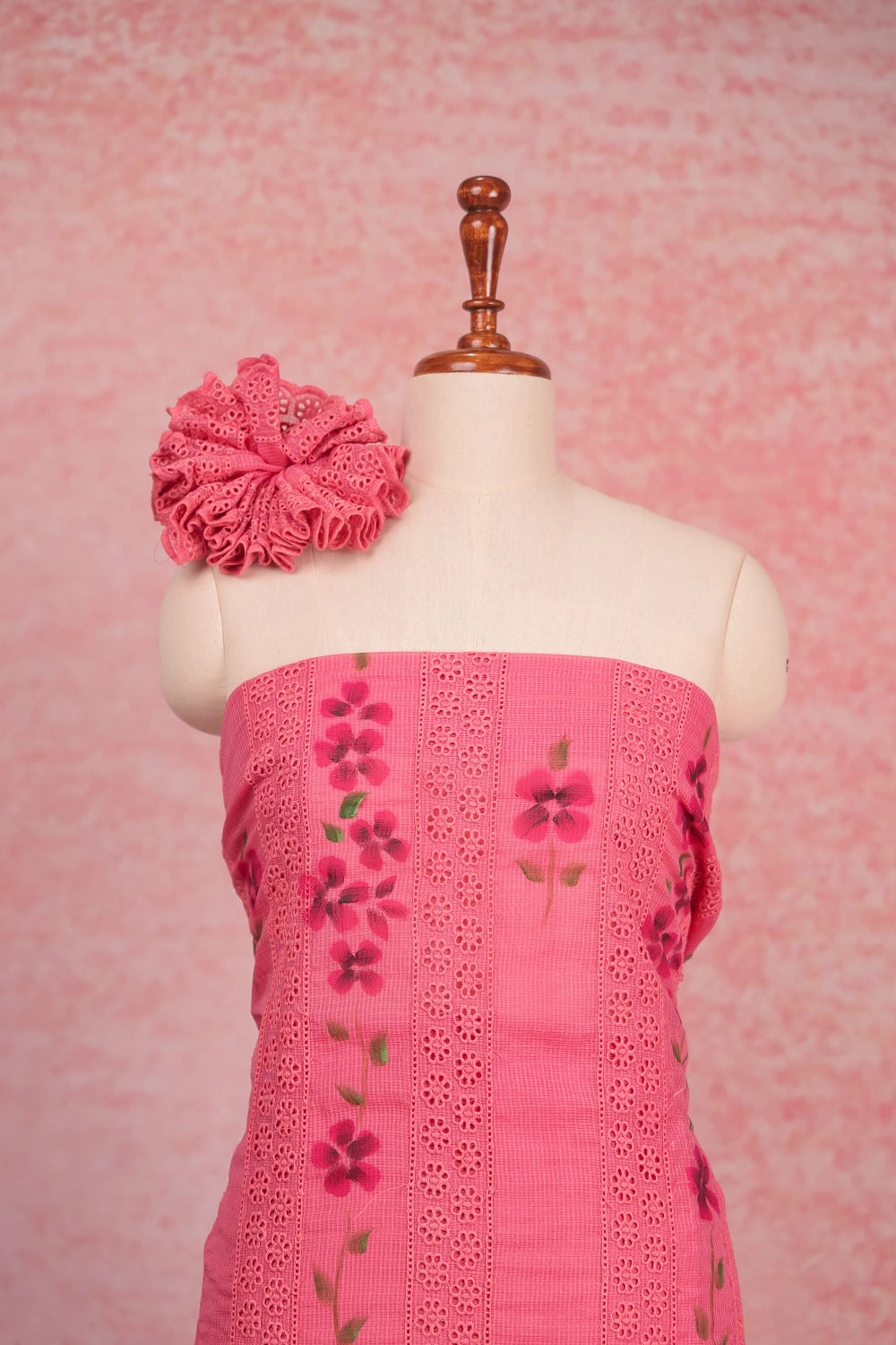 Pink Kota Cut Work Unstitched Churidhar Material