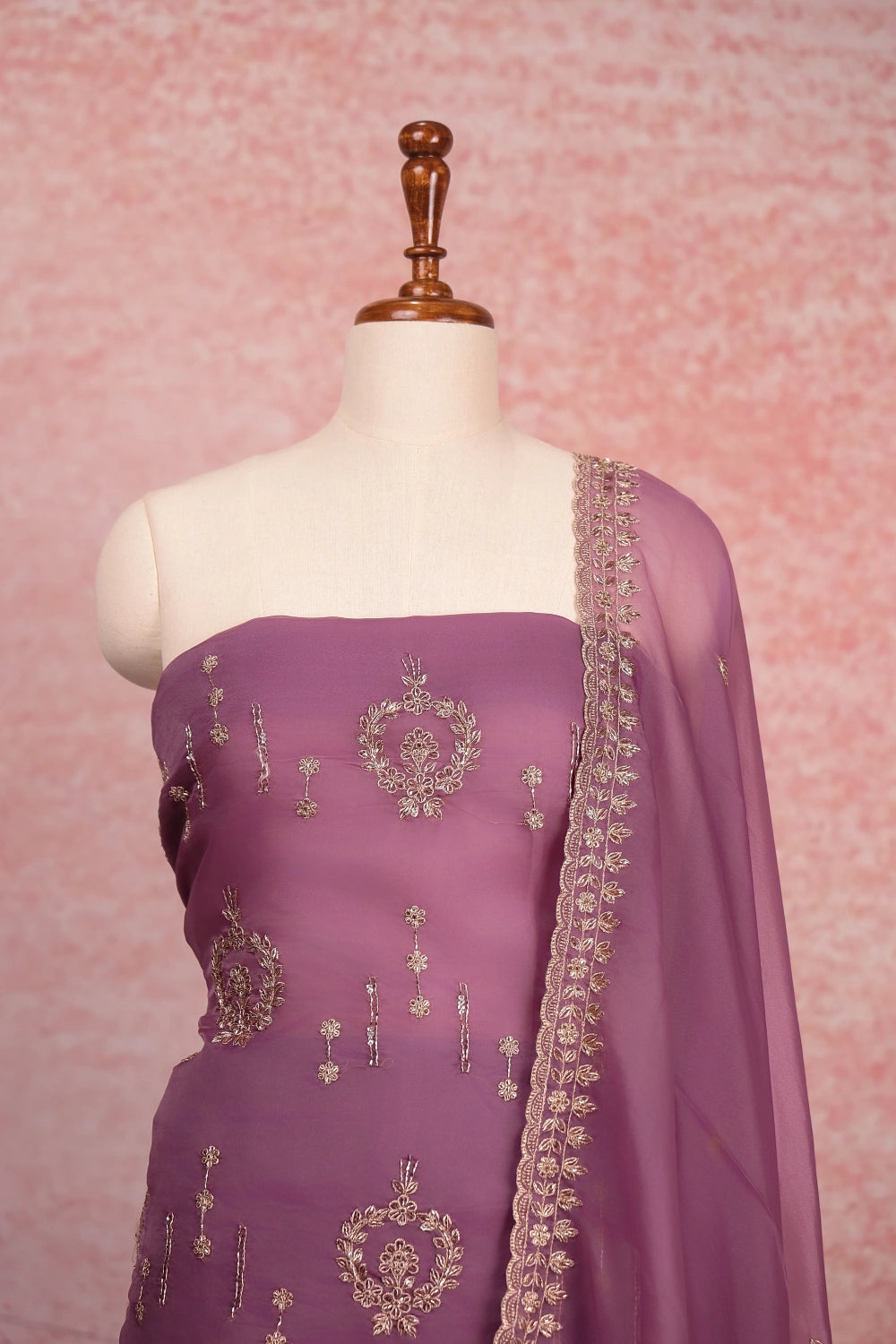 Onion Pink Organza Stone Work Unstitched Churidhar Material