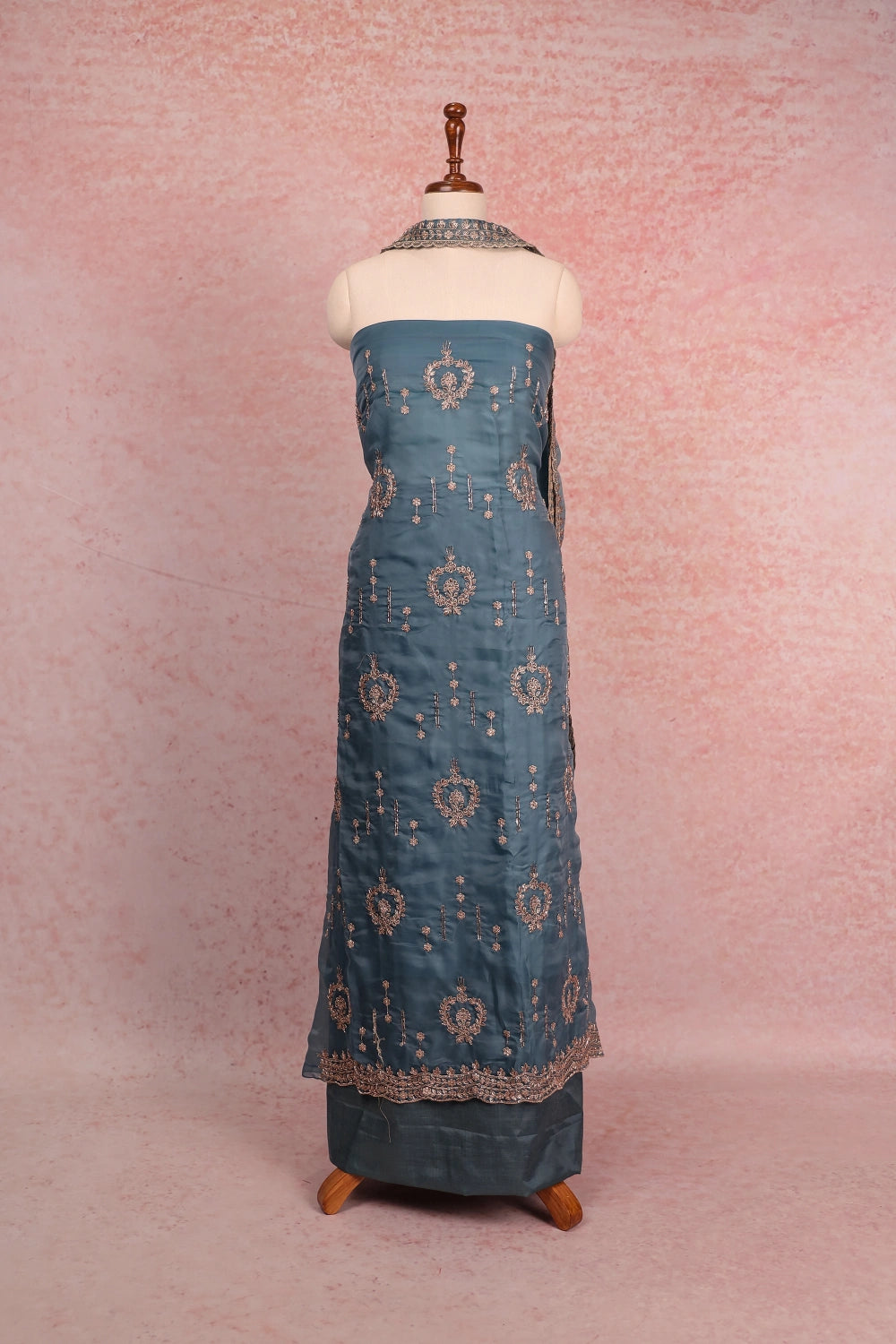 Powder Blue Organza Beads Work Unstitched Churidhar Material